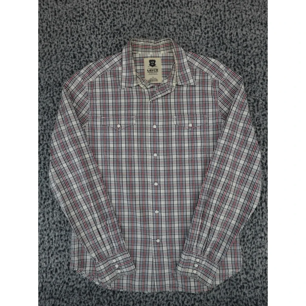 Levis Mens Western Pearl Snap Shirt M Plaid‎ Long Sleeve Red Blue White Cotton